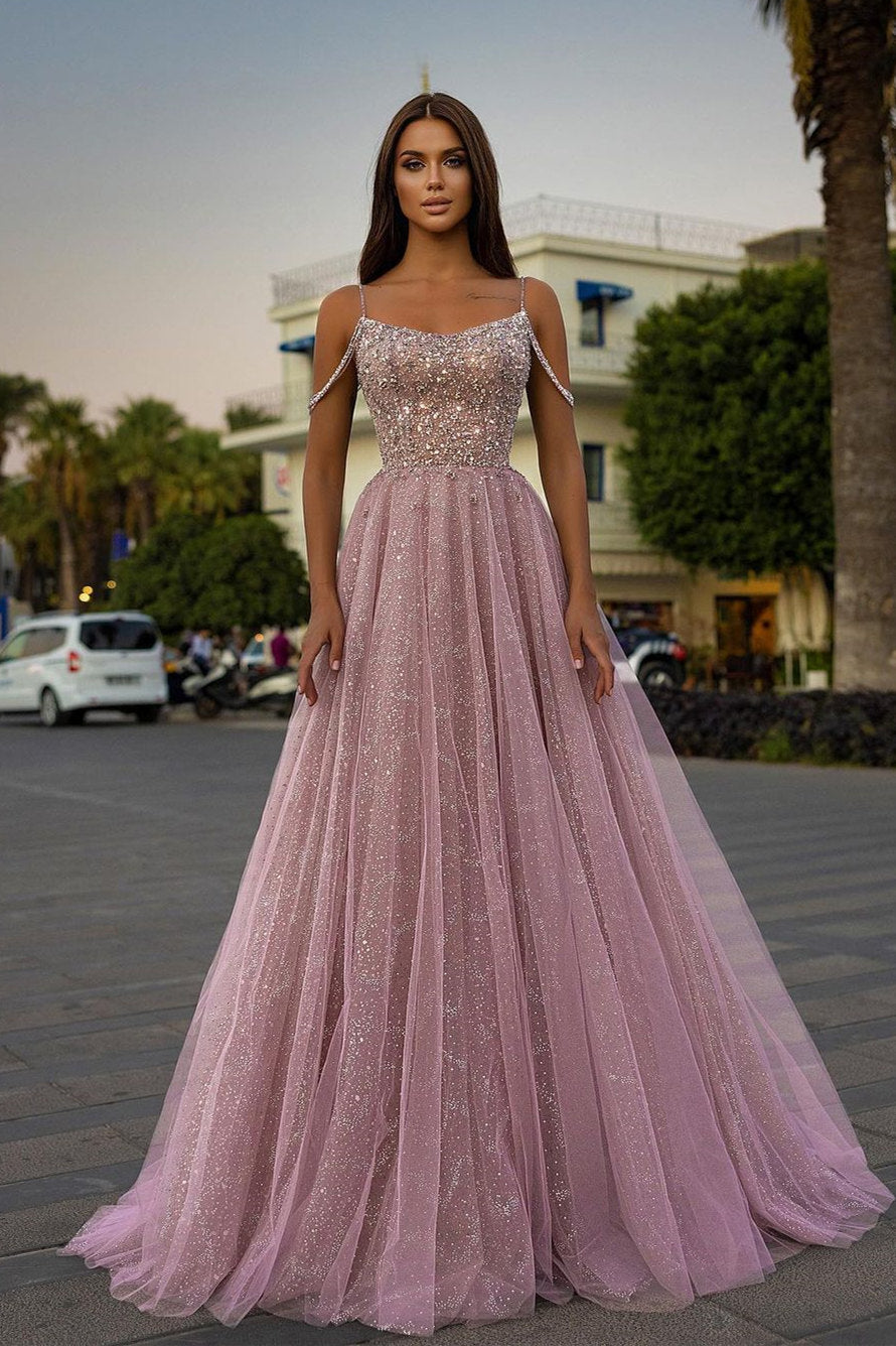 Vestido longo de baile em linha A com alças finas de tule cor-de-rosa e lantejoulas com contas