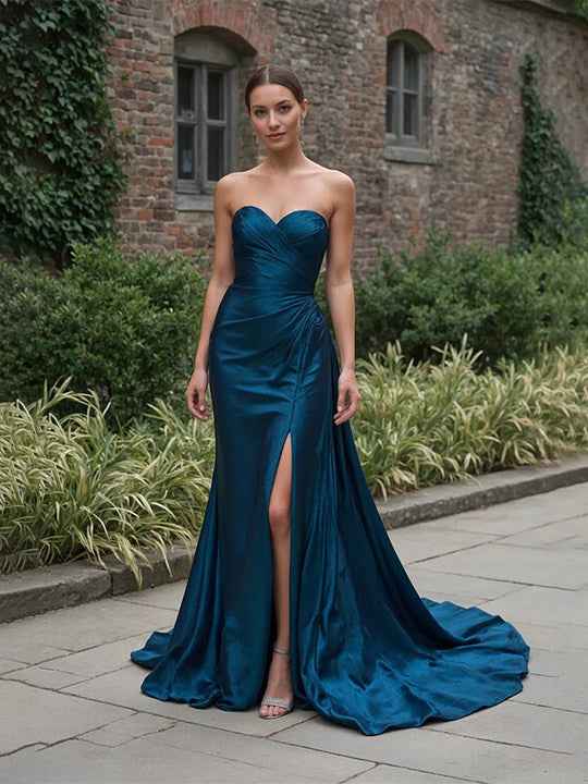 Deep Teal Strapless Maxi Satin Evening Gown With Ruched Bodice