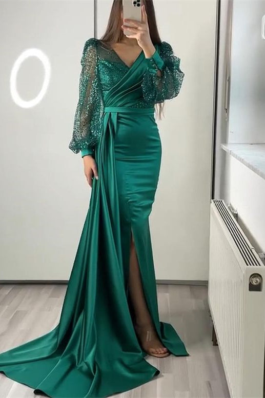 Robes de bal sirène en satin à manches longues et col en V avec fente