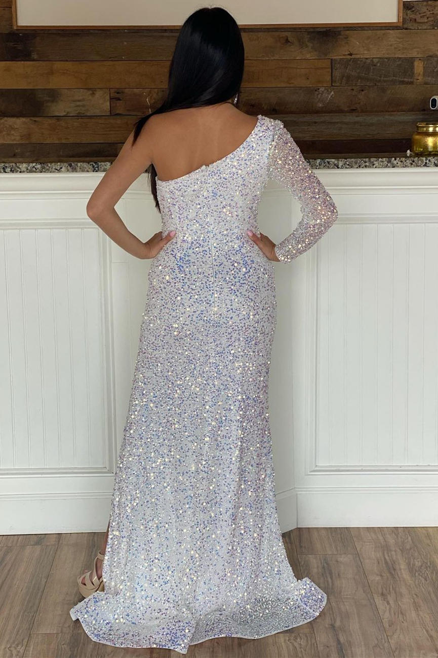 One Shoulder White Sequins Long Prom Dress with Slit