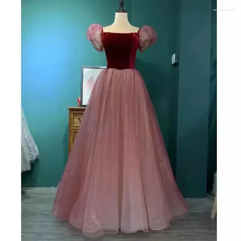 Lila Tüll Kurzarm Festliches Kleid Niedliches A-Linien Abendkleid Y4291