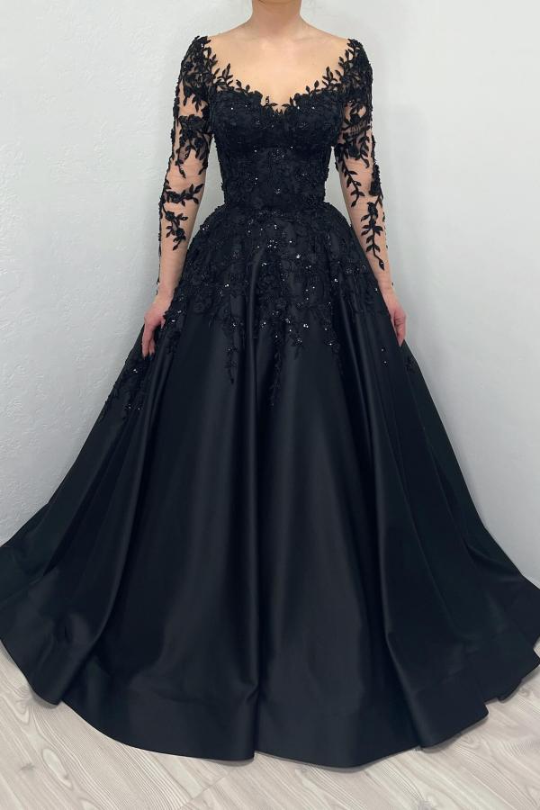 Bmbridal Black Long Sleeves A Line Wedding Reception Dress With Appliques