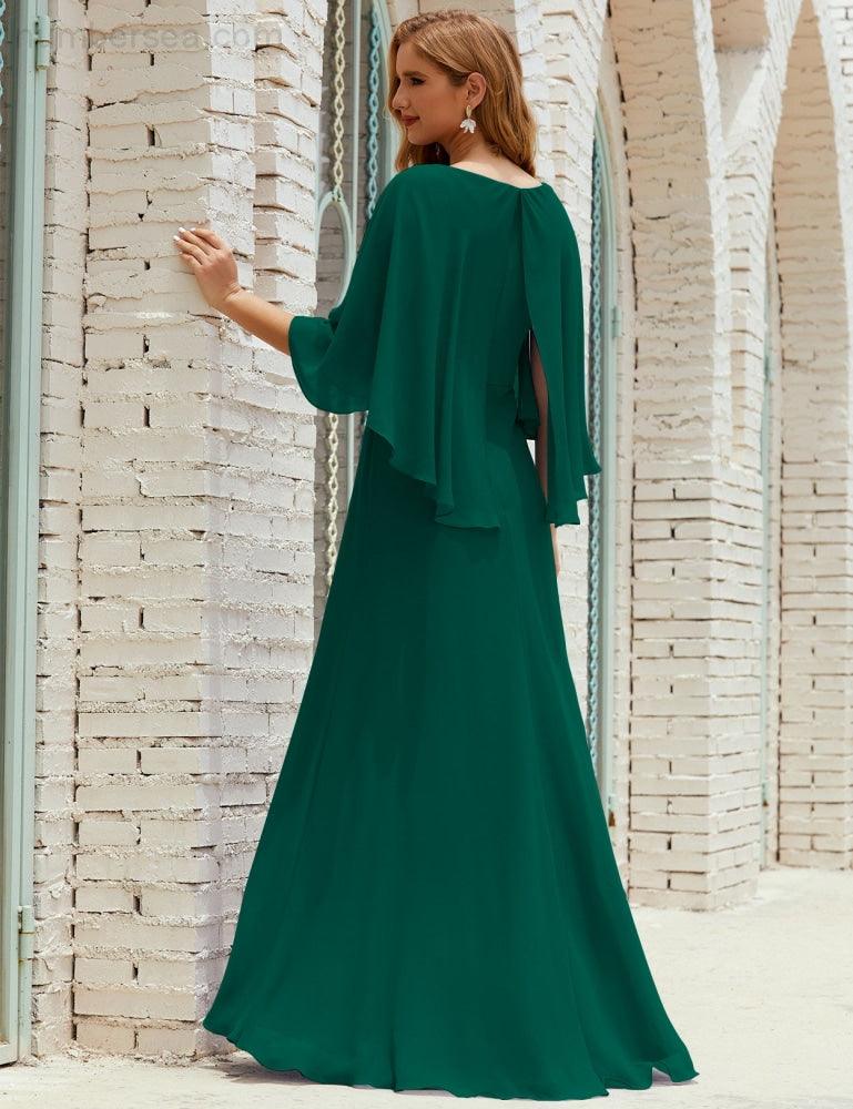 Bridesmaid Dress Women Long Sleeve V-Neck Chiffon Formal Wedding Party Dress 28018