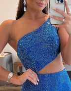 Toni | Vestido de fiesta azul real con un solo hombro y abertura