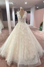 Wide Straps A Line Floor Length Deep V Neck Wedding Dress With Lace Tulle