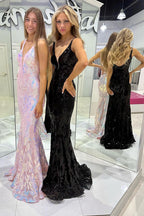 Vestido longo de baile com decote em V, renda e lantejoulas, estilo sereia