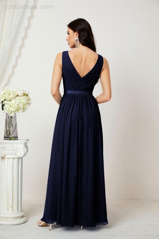 Abiti lunghi da damigella in chiffon da donna, linea a, senza maniche, abito formale da ballo per serata, abiti per festa di ritorno a casa 2808