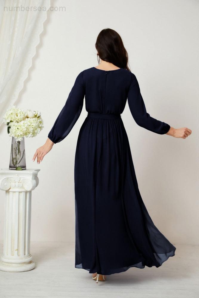 Evening Dresses Deep V-Neck Chiffon Bridesmaid Dresses Long Bishop Sleeve Side Split Formal Dress 2806