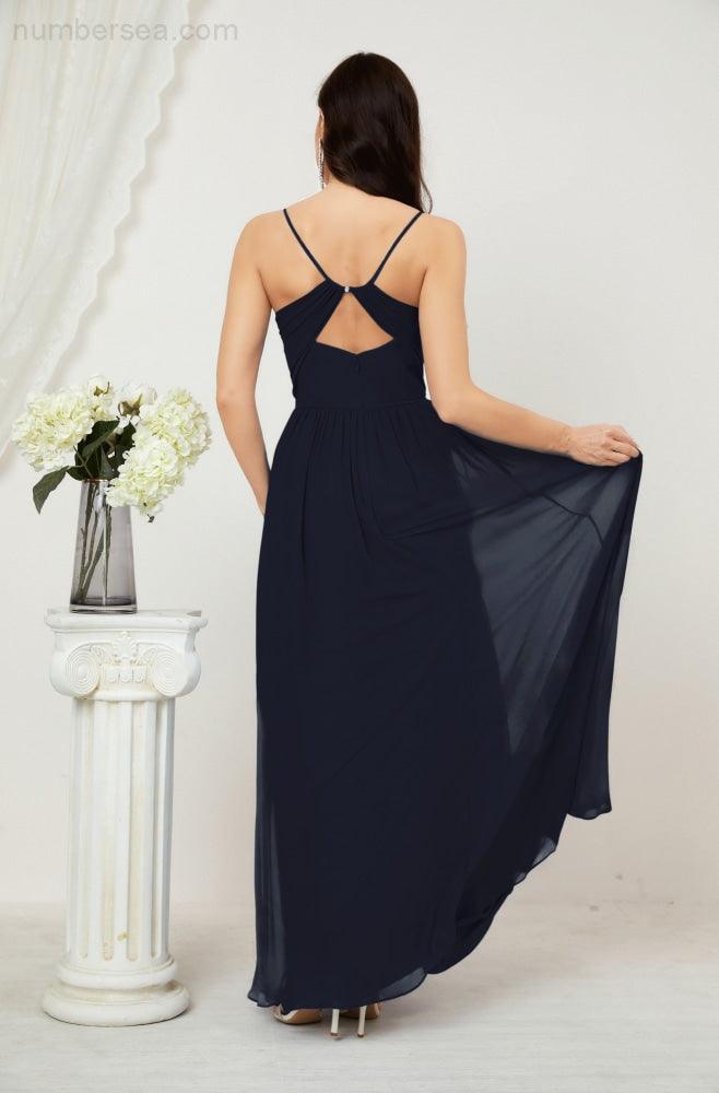 Neck Bridesmaid Dresses Chiffon Long Spaghetti A-line Formal Prom Gown for Wedding Party Evening 2801