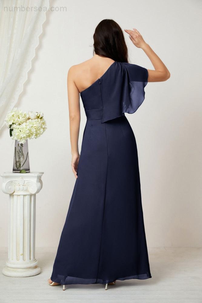 Chiffon Ruffled One Shoulder Long Bridesmaid Dresses A-line Formal Evening Gown Side Split 2809