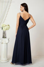 Chiffon V-Neck Bridesmaid Dress Spaghetti Strap Long Formal Party Prom Gowns with Slit 28010
