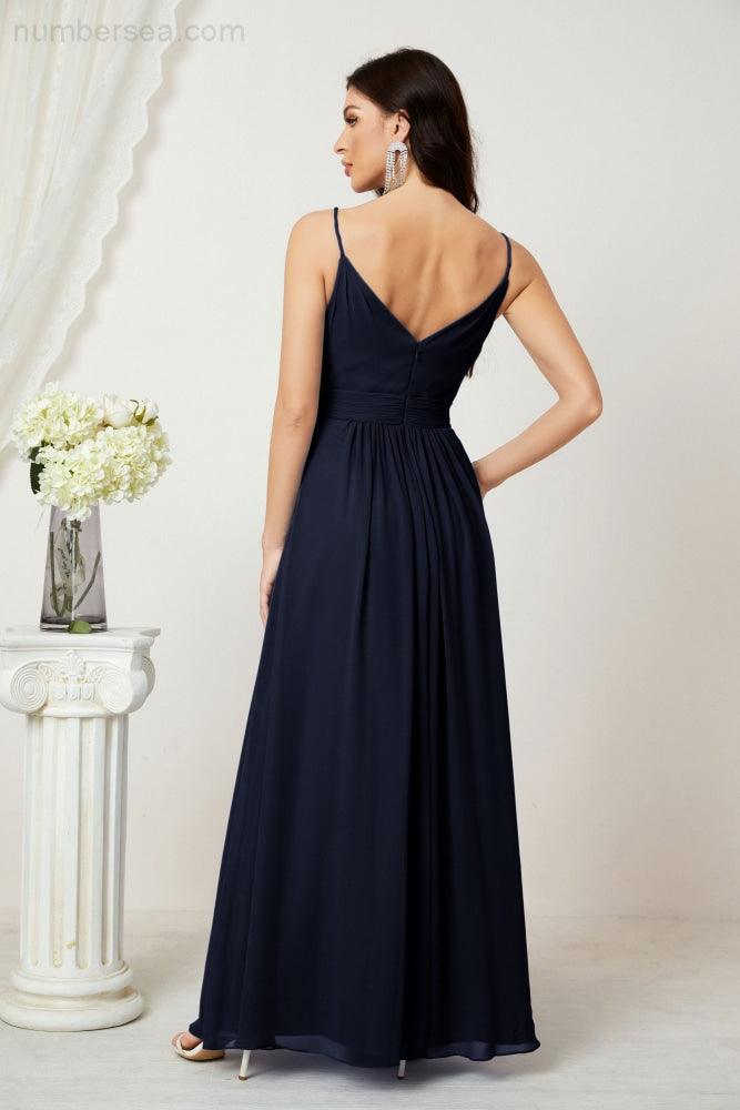 Chiffon V-Neck Bridesmaid Dress Spaghetti Strap Long Formal Party Prom Gowns with Slit 28010