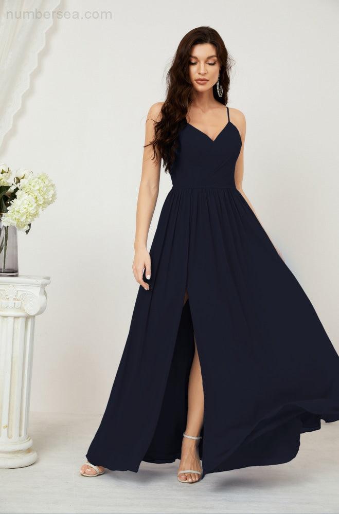 Neck Bridesmaid Dresses Chiffon Long Spaghetti A-line Formal Prom Gown for Wedding Party Evening 2801