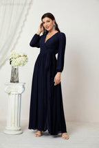 Evening Dresses Deep V-Neck Chiffon Bridesmaid Dresses Long Bishop Sleeve Side Split Formal Dress 2806