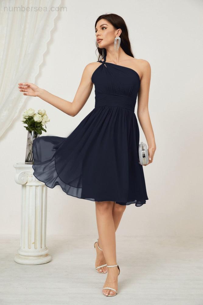 Women Chiffon Short One Shoulder Bridesmaid Dress Formal Dresses for Party Homecoming  2804