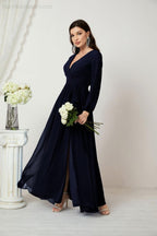 Evening Dresses Deep V-Neck Chiffon Bridesmaid Dresses Long Bishop Sleeve Side Split Formal Dress 2806