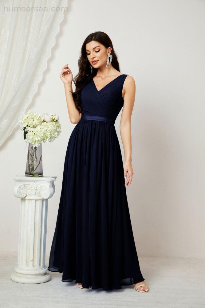 Abiti lunghi da damigella in chiffon da donna, linea a, senza maniche, abito formale da ballo per serata, abiti per festa di ritorno a casa 2808