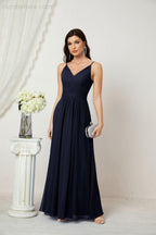 Chiffon V-Neck Bridesmaid Dress Spaghetti Strap Long Formal Party Prom Gowns with Slit 28010