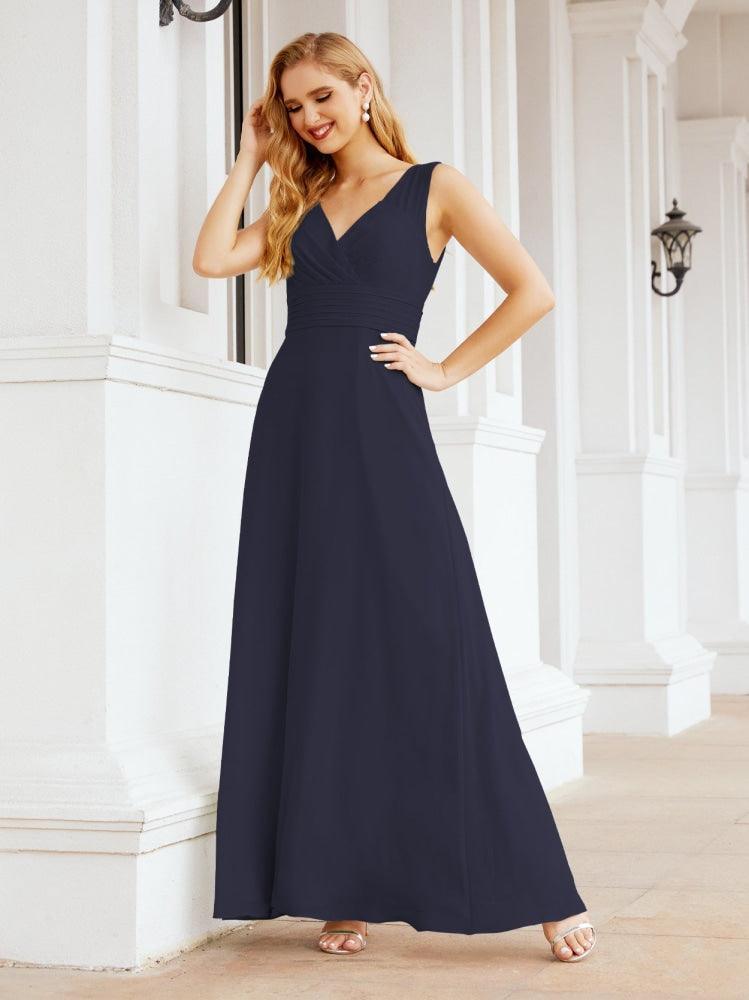 Formelles Ballkleid Elegantes ärmelloses Brautjungfernkleid mit V-Ausschnitt für Hochzeitsfeier 28037