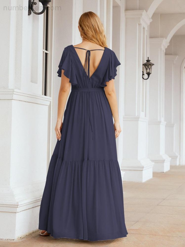 Abiti da sera formali da donna Numbersea con schiena scoperta, scollo a V, lunghi in chiffon, abiti da damigella con cintura in vita 28038