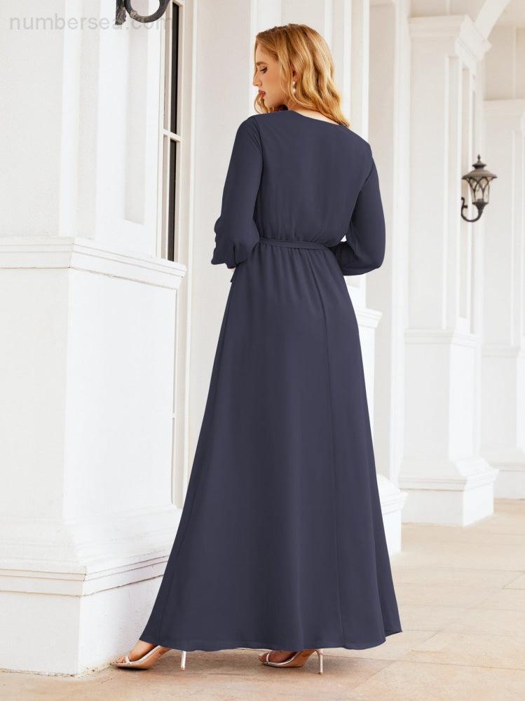 Vestito da damigella d'onore in chiffon da donna Numbersea, linea a trapezio, maniche lunghe, abito lungo formale da sera per ospite di matrimonio 28032