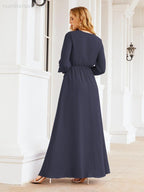 Vestito da damigella d'onore in chiffon da donna Numbersea, linea a trapezio, maniche lunghe, abito lungo formale da sera per ospite di matrimonio 28032