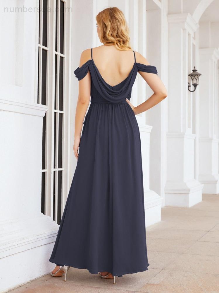 Numbersea Abito da Damigella in Chiffon con Spalle Scoperte, Abito Lungo Formale per Laurea con Schiena a Mantella 28069