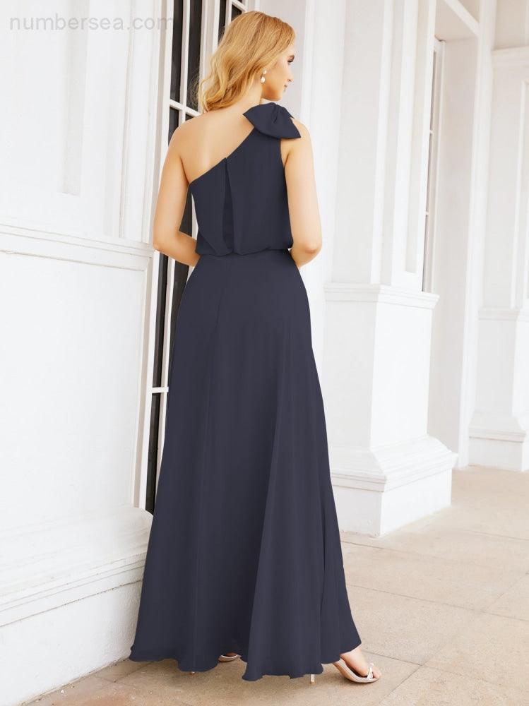 Chiffon Ruffled One Shoulder Sleeveless Long Bride Dresses A-line Formal Evening Gown Side Split 28057
