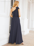 Chiffon Ruffled One Shoulder Sleeveless Long Bride Dresses A-line Formal Evening Gown Side Split 28057