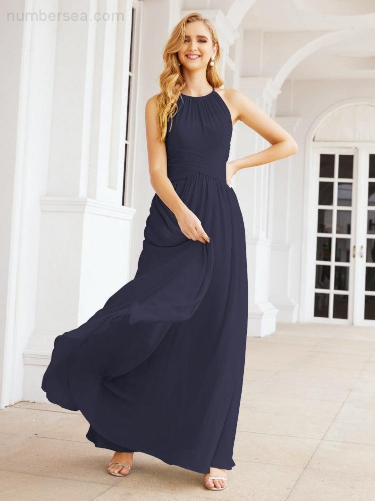 Sleeveless Bridesmaid Dresses Long Prom Gown Zipper with Keyhole Back 28056