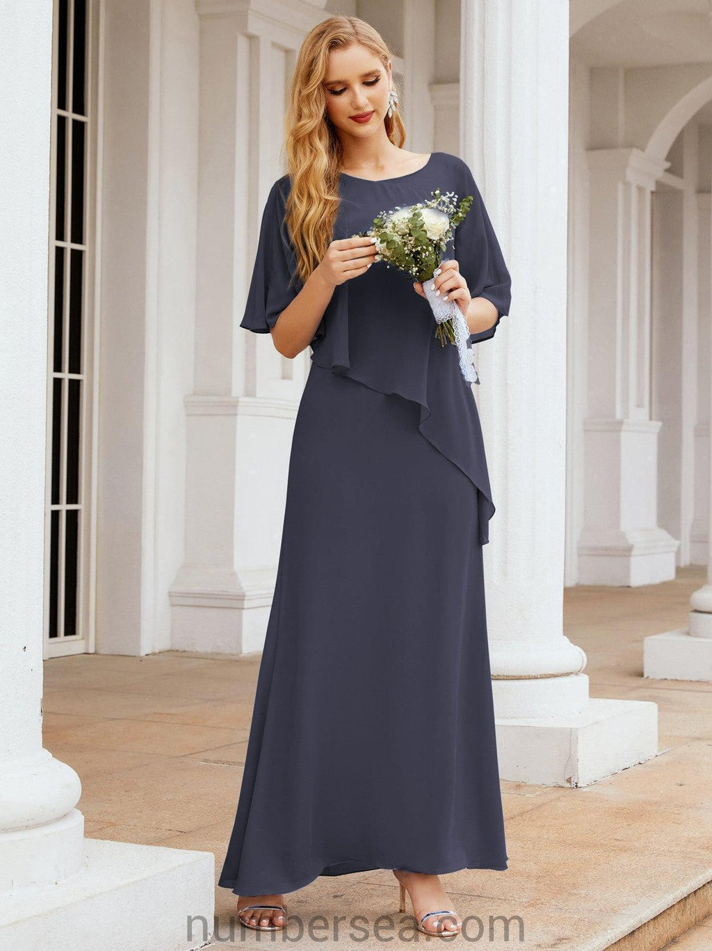 Numbersea Festliches Abendkleid Lang Mutter der Braut Kleid mit Rüschencape 28026