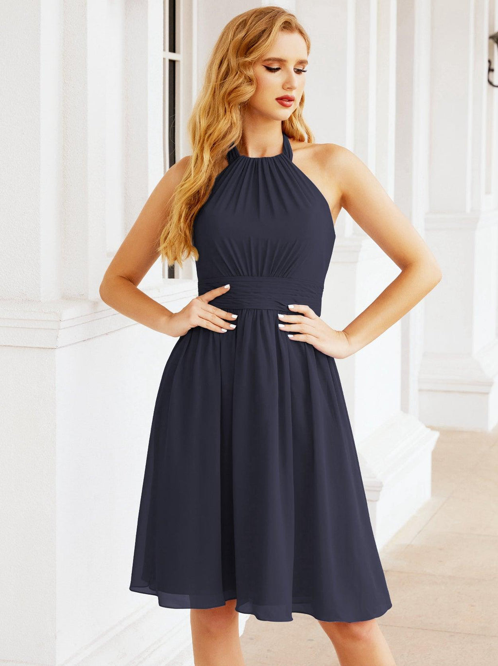 Halter Chiffon Bridesmaid Dresses Short Sleeveless Formal Party Dress Open Back 28023