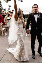 Modern Spaghetti Straps Jewel Mermaid Wedding Dress With Lace V Neck
