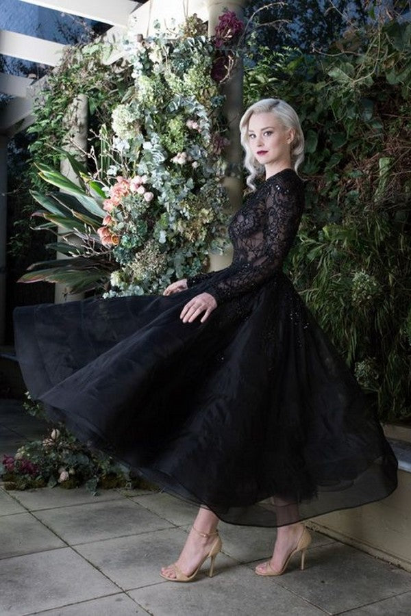 Black Long Sleeves Tea Length Bateau Wedding Dress With Appliques Lace