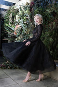 Black Long Sleeves Tea Length Bateau Wedding Dress With Appliques Lace