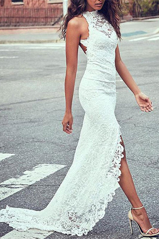Lace High Neck Beach Wedding Dress For Summer Lightweight Comfort