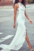 Lace High Neck Beach Wedding Dress For Summer Lightweight Comfort