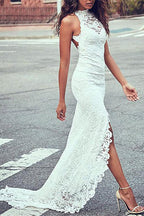 Lace High Neck Beach Wedding Dress For Summer Lightweight Comfort