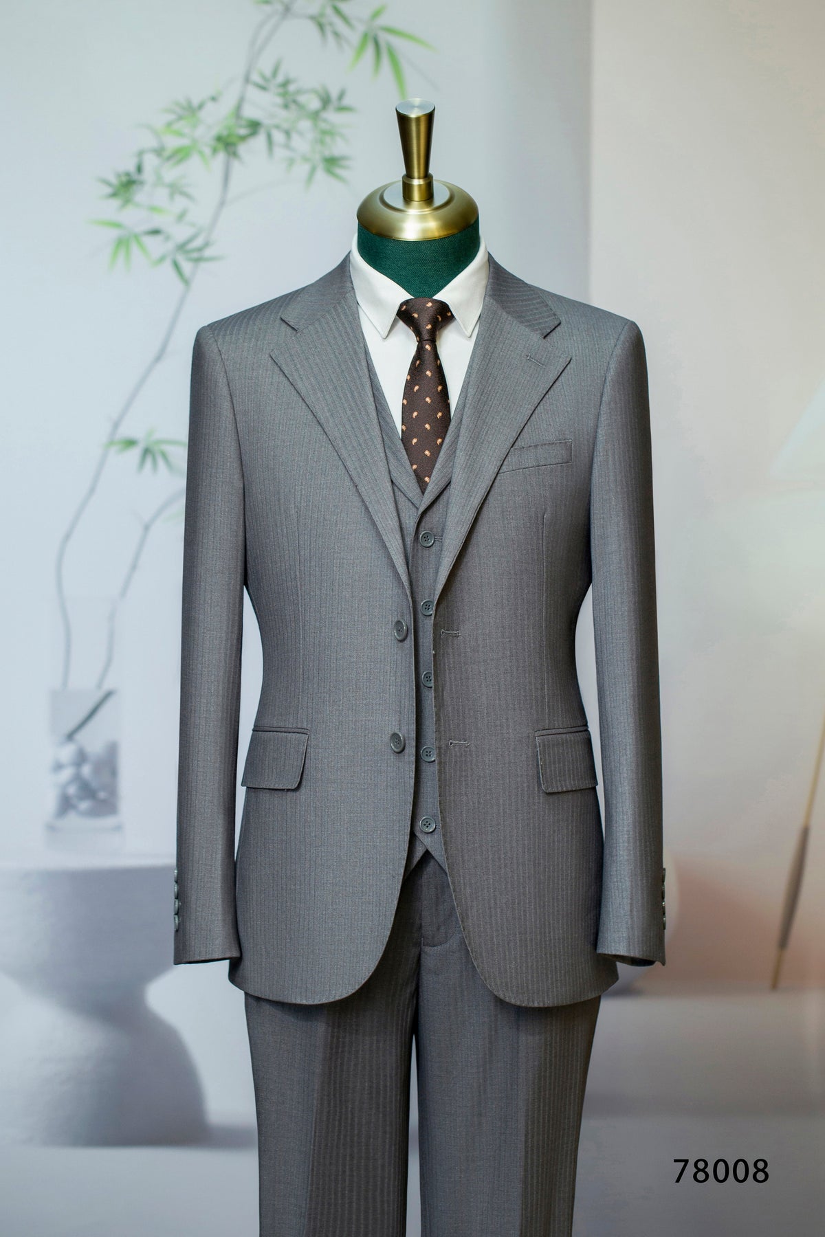 Three Piece Subtle Pinstripe Grey Wool Suit Tailored For Groom And Business