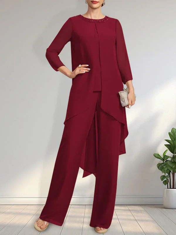 Mono/Pantalón Separado con Escote Redondo, Largo hasta el Suelo, de Gasa, Vestido de Madre de la Novia con Lentejuelas y Cuentas