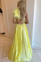 A Line Pleated One Shoulder Taffeta Prom Dress