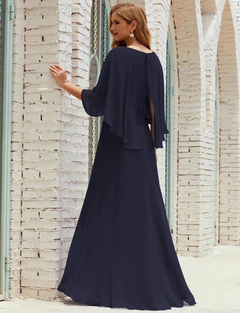 Bridesmaid Dress Women Long Sleeve V-Neck Chiffon Formal Wedding Party Dress 28018