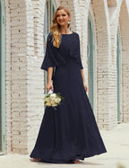 Bridesmaid Dress Women Long Sleeve V-Neck Chiffon Formal Wedding Party Dress 28018