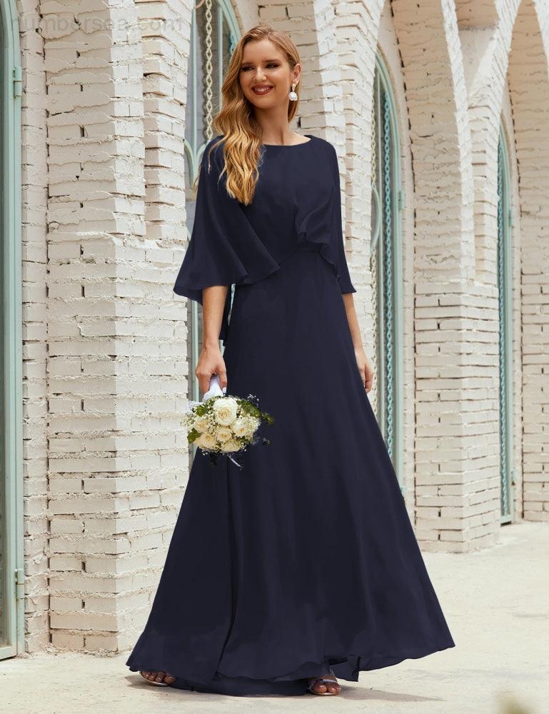 Bridesmaid Dress Women Long Sleeve V-Neck Chiffon Formal Wedding Party Dress 28018