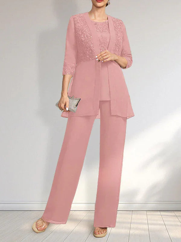 Tuta/Pantaloni Separati con Scollo a U, Lunghezza a Terra, in Chiffon e Pizzo, Abito per Madre della Sposa con Paillettes