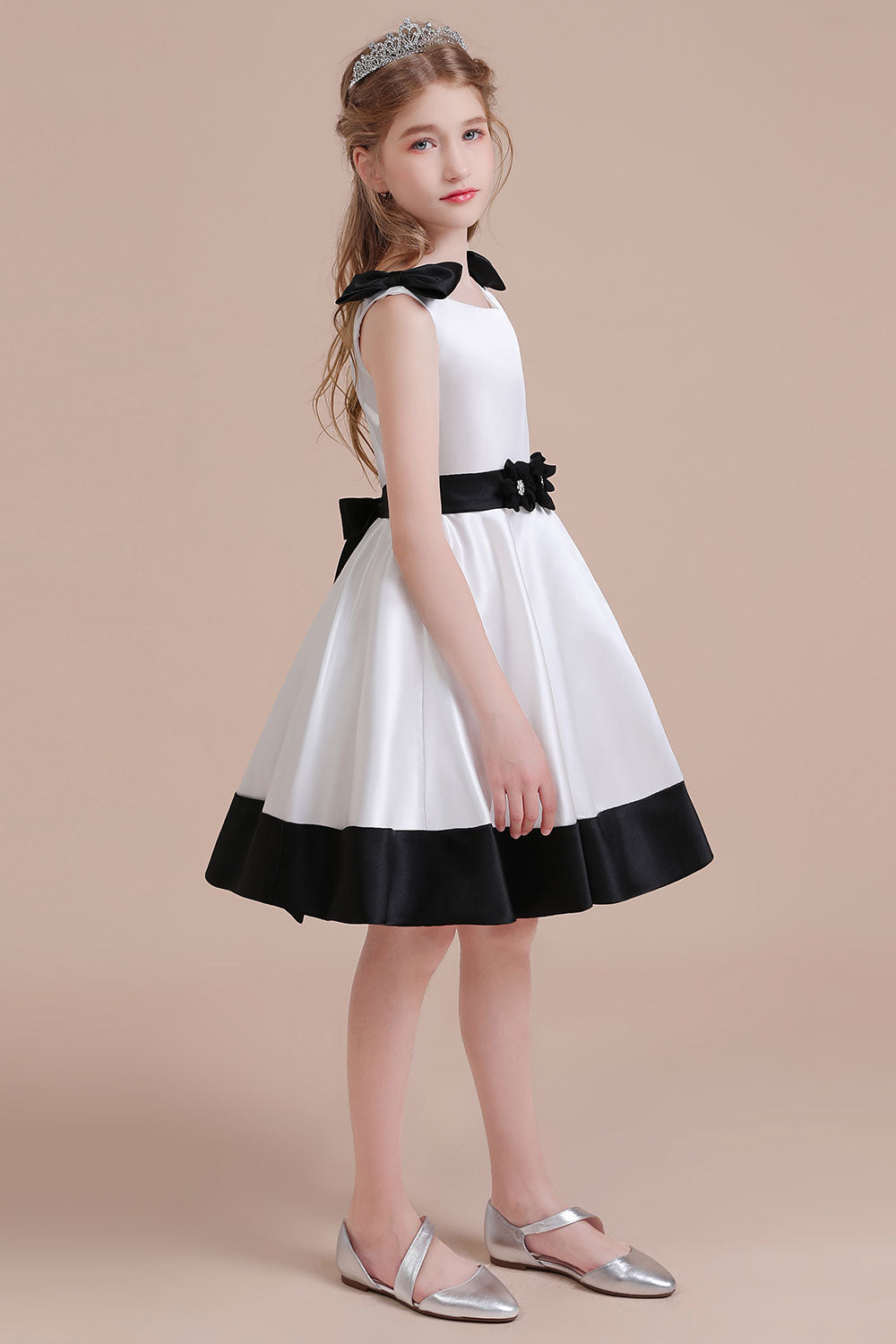 BMbridal A Line Satin Knee Length Flower Girl Dress Jewel Neck Bow Rhinestones