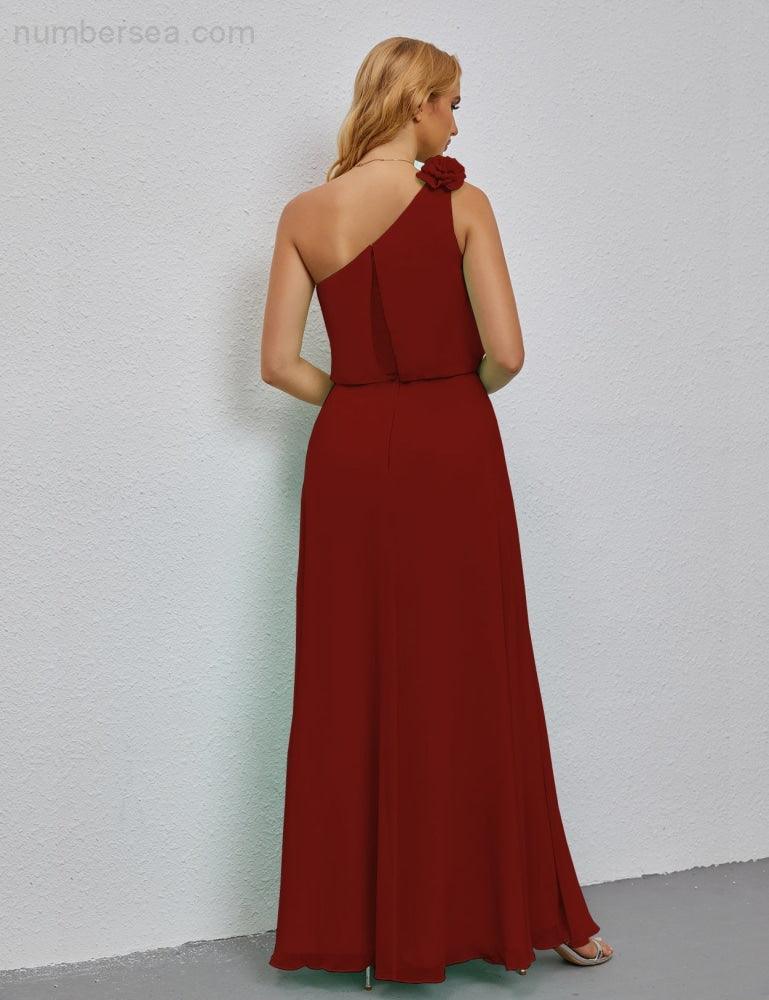 Ruffled One Shoulder Sleeveless Long Bridesmaid Dresses A-line Formal Evening Gown Side Split 28080