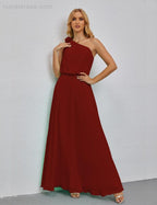 Ruffled One Shoulder Sleeveless Long Bridesmaid Dresses A-line Formal Evening Gown Side Split 28080