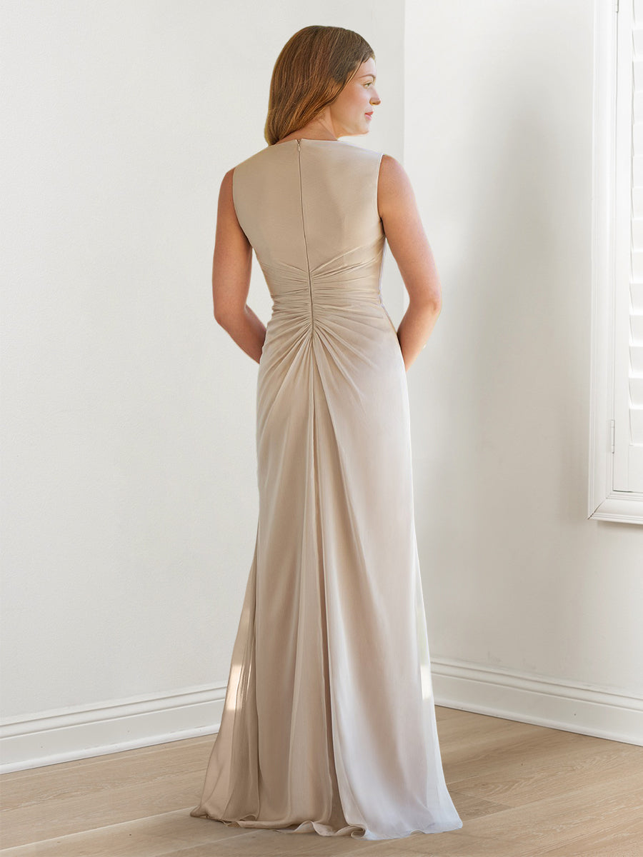 Elegant Sleeveless V Neck Floor Length Mother Of The Bride Gown With Ruffles