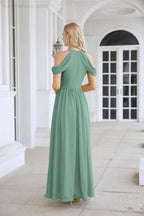 Abito da sera da damigella in chiffon con spalle scoperte, maniche a campana e spacco frontale, abito da festa nuziale 28117
